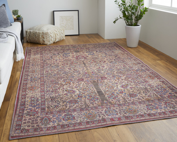 2' X 3' Red Tan And Pink Floral Power Loom Area Rug