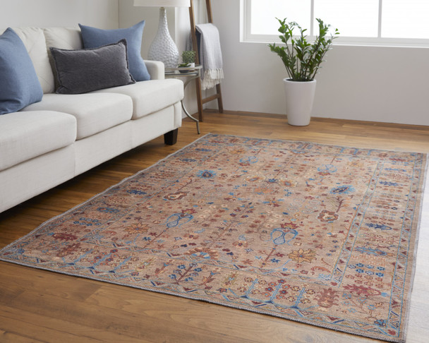 2' X 3' Tan Pink And Blue Floral Power Loom Area Rug