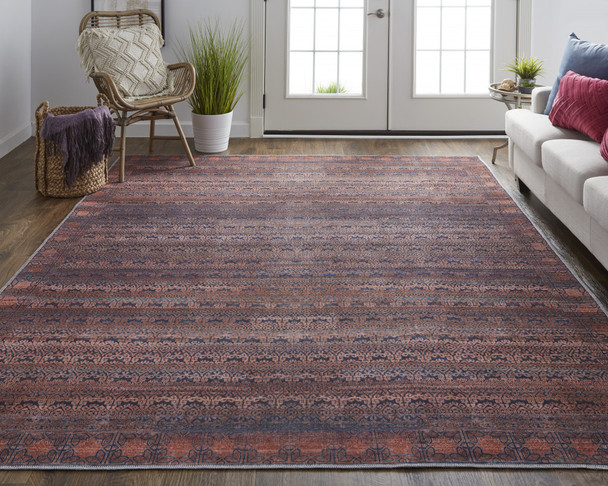 10' X 14' Red Brown And Blue Floral Power Loom Area Rug