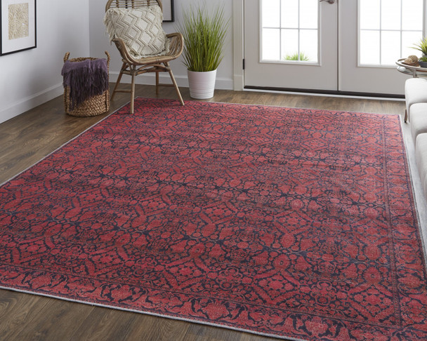 5' X 8' Red And Black Floral Power Loom Area Rug