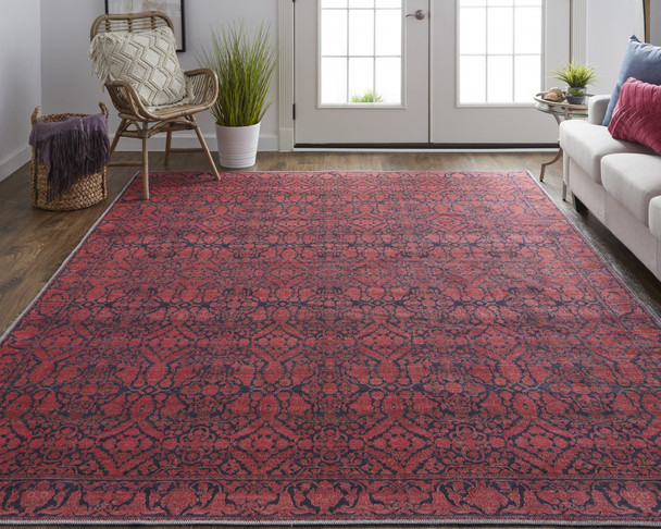 9' X 12' Red And Black Floral Power Loom Area Rug