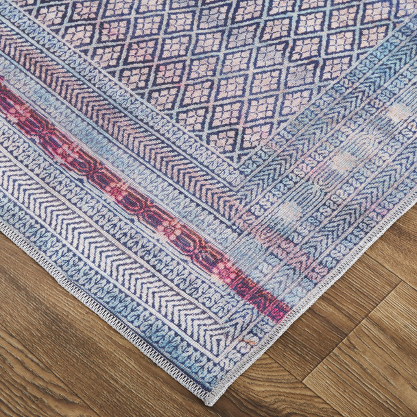 5' X 8' Tan Blue And Pink Striped Power Loom Area Rug