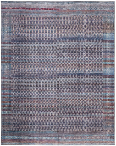 9' X 12' Tan Blue And Pink Striped Power Loom Area Rug