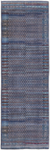 8' Tan Blue And Pink Striped Power Loom Runner Rug