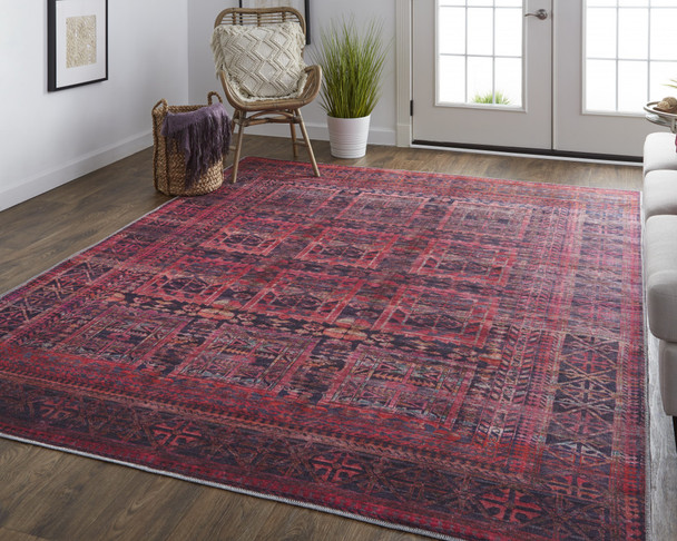 5' X 8' Red And Gray Geometric Power Loom Area Rug