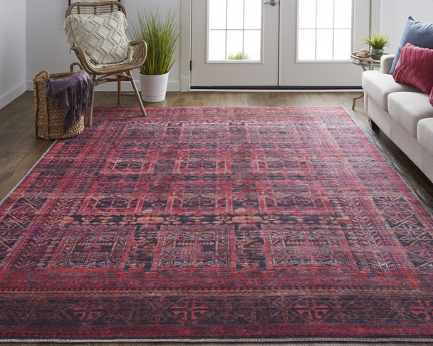 8' X 10' Red And Gray Geometric Power Loom Area Rug