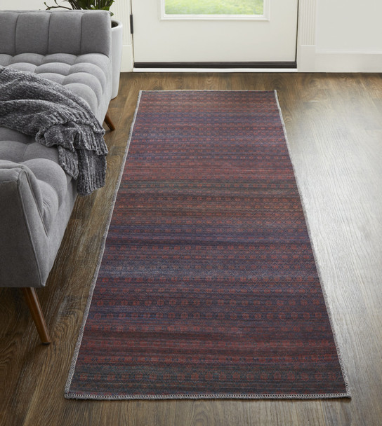 8' Red And Gray Striped Power Loom Runner Rug