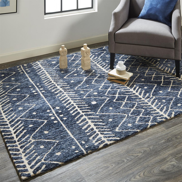 4' X 6' Blue And Ivory Striped Stain Resistant Area Rug
