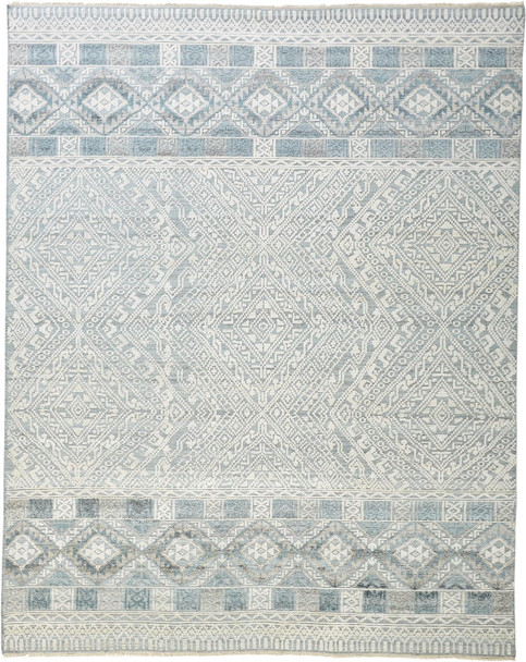 2' X 3' Ivory Blue And Gray Geometric Hand Knotted Area Rug