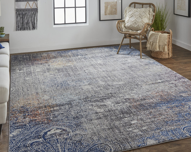 2' X 3' Taupe Blue And Ivory Abstract Power Loom Distressed Stain Resistant Area Rug