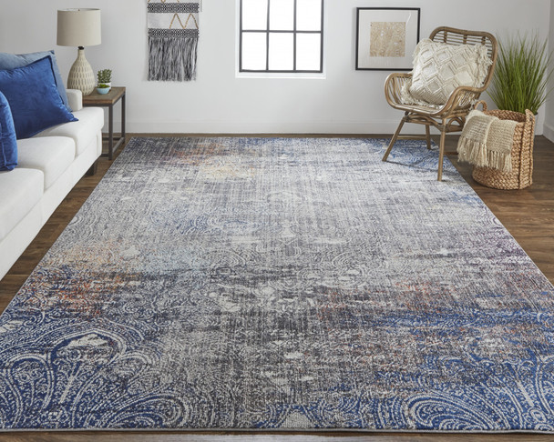 2' X 3' Taupe Blue And Ivory Abstract Power Loom Distressed Stain Resistant Area Rug