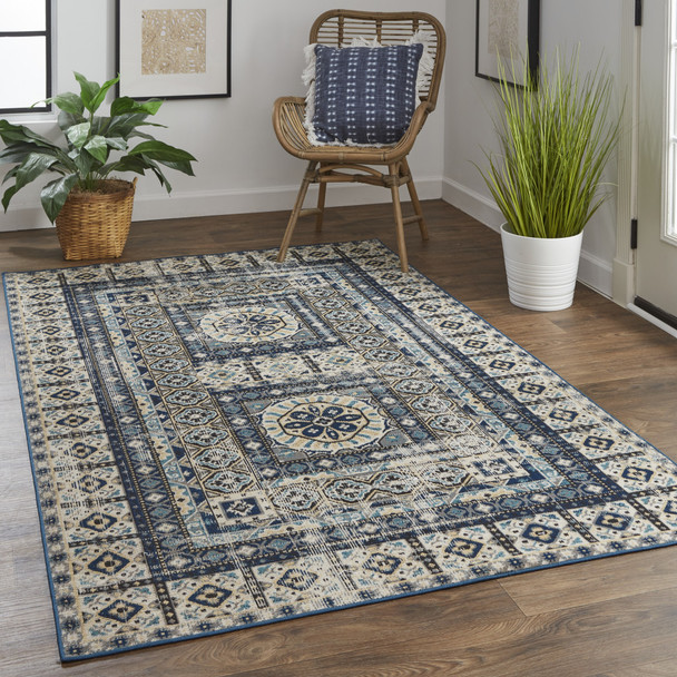 2' X 3' Ivory Tan And Blue Abstract Power Loom Distressed Stain Resistant Area Rug