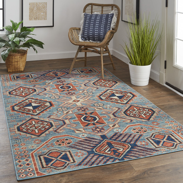 2' X 3' Blue Red And Tan Abstract Power Loom Distressed Stain Resistant Area Rug