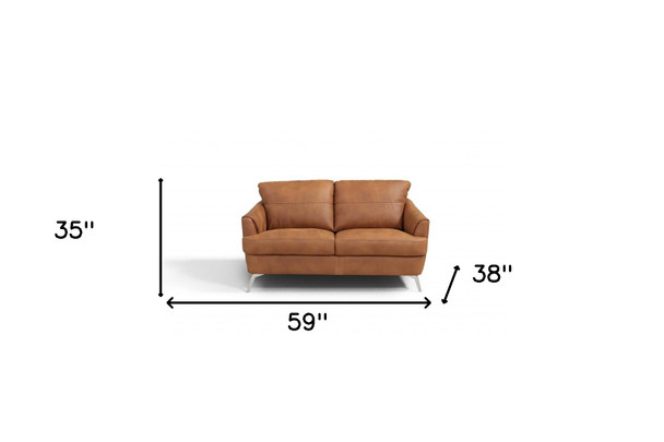 59" Camel Leather And Black Standard Love Seat