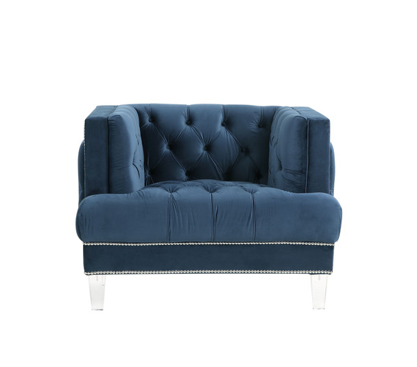 41" Blue Velvet And Black Tufted Arm Chair