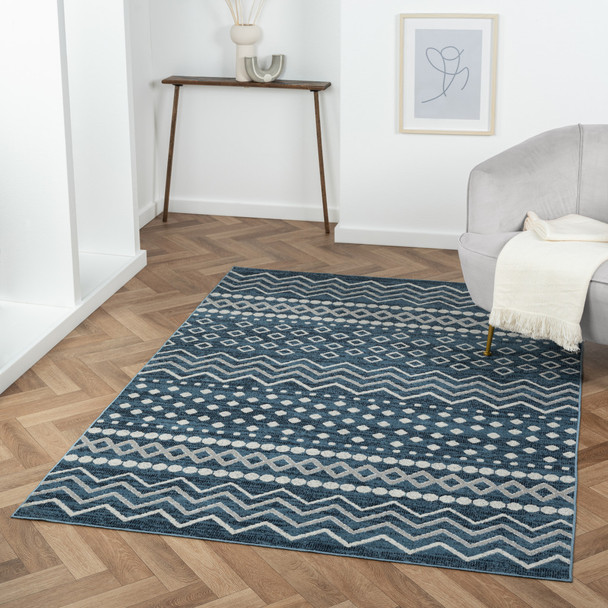 8' X 10' Blue Geometric Washable Area Rug