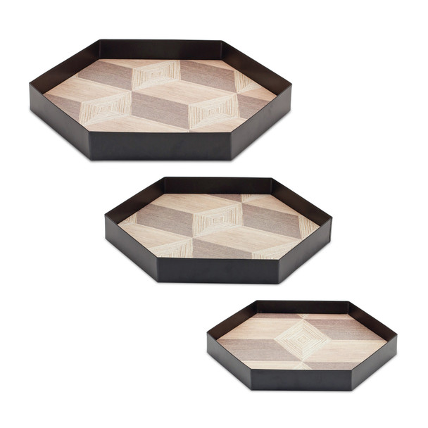 Set Of Three 12" Natural and Black Hexagon Trays