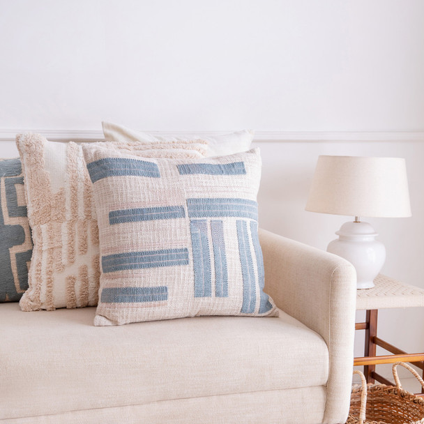 Set Of Two 20" X 20" Blue Striped Zippered 100% Cotton Throw Pillow