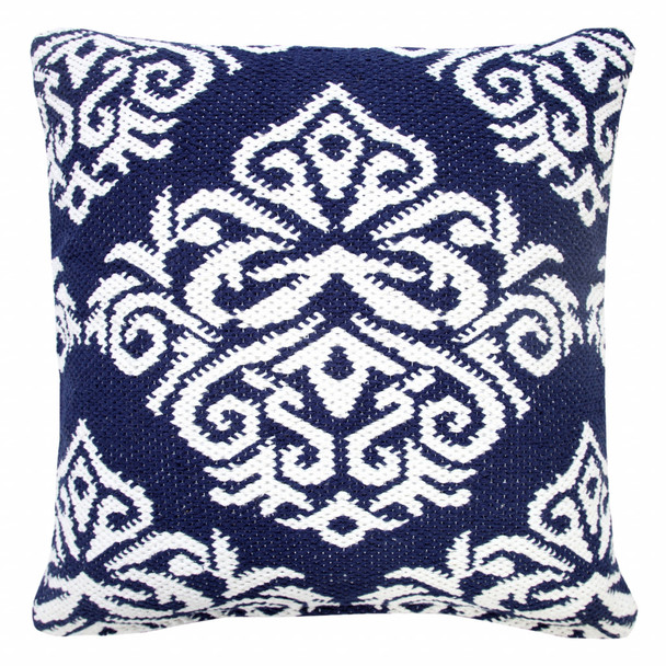 Set Of Two 20" X 20" Blue Damask Zippered 100% Cotton Throw Pillow