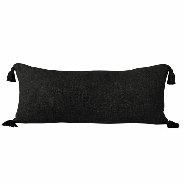 Set Of Two 14" X 36" Black Solid Color Zippered 100% Cotton Throw Pillow