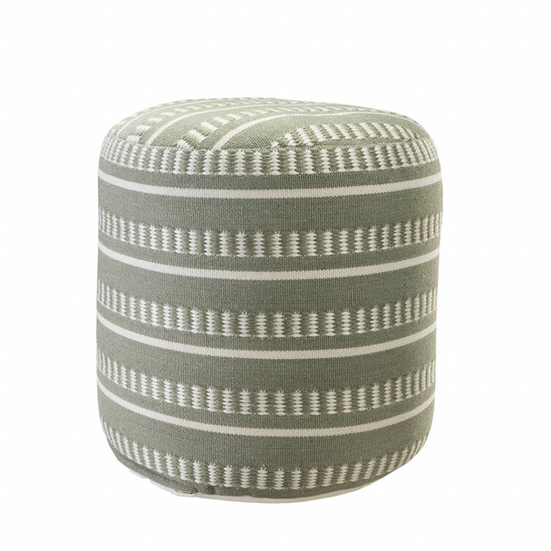 20" Green Polyester Round Striped Indoor Outdoor Pouf Ottoman