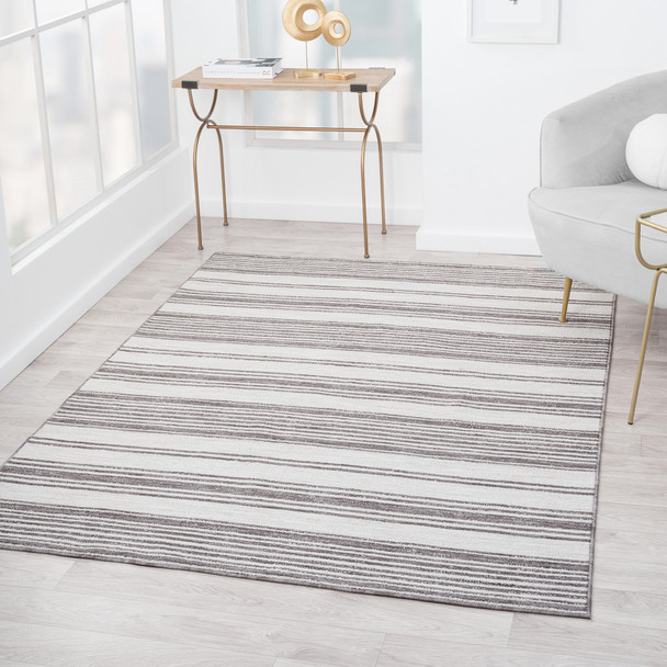 5' X 7' Ivory Striped Indoor Outdoor Area Rug