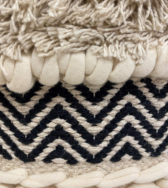 16" Beige And Black Cotton And Natural Round Chevron Ottoman