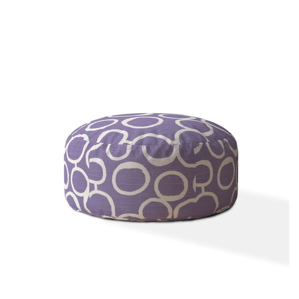 24" Purple And White Cotton Round Abstract Pouf Ottoman