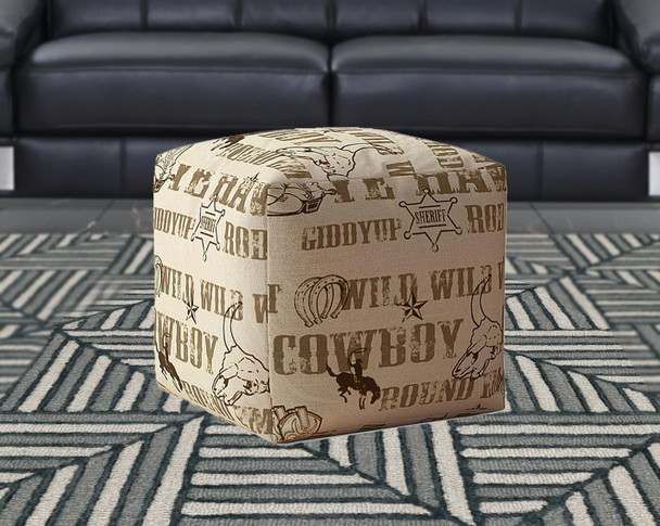 17" Brown Cotton Animal Print Pouf Ottoman