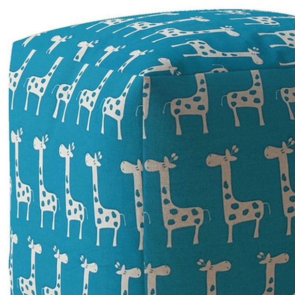 17" Blue And White Cotton Giraffe Pouf Ottoman