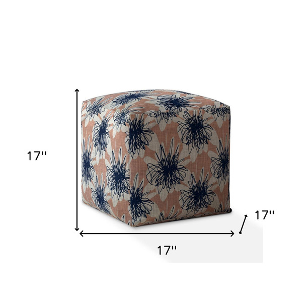 17" Pink And Blue Canvas Floral Pouf Ottoman