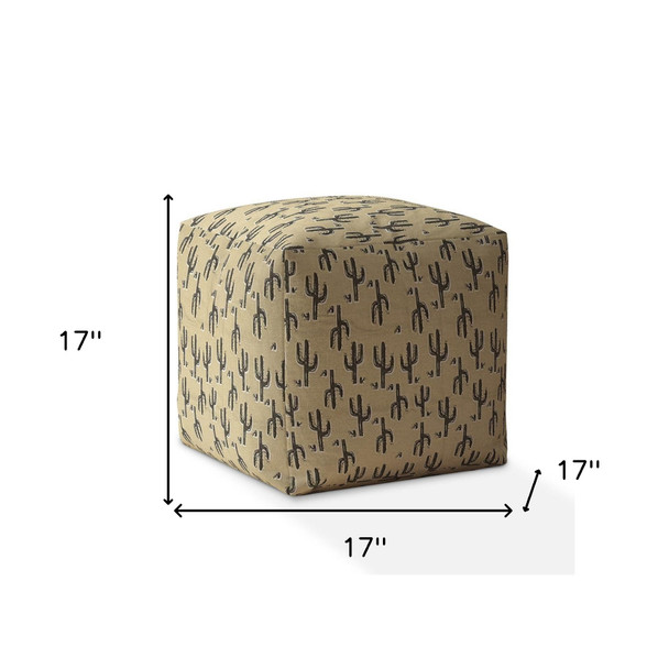 17" Beige Cotton Floral Pouf Ottoman