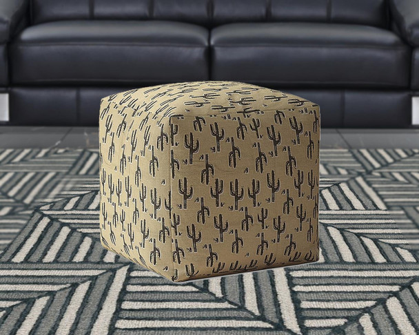 17" Beige Cotton Floral Pouf Ottoman