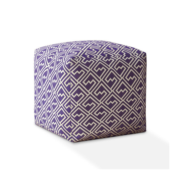 17" Purple And White Cotton Damask Pouf Ottoman