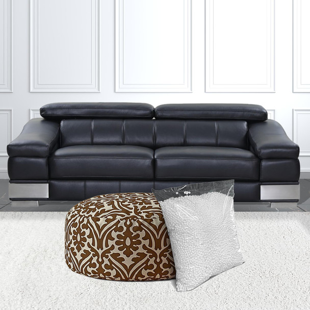 24" Brown Cotton Round Damask Pouf Ottoman