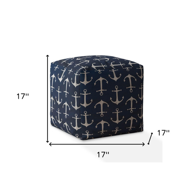 17" Blue Twill Anchor Pouf Cover