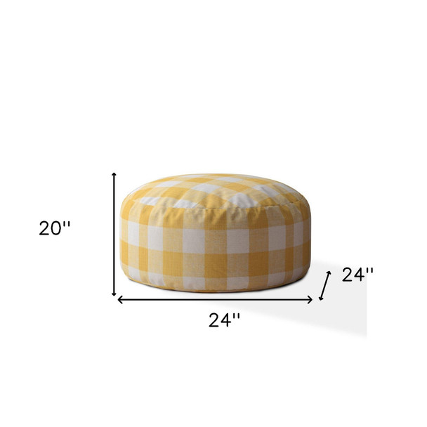 24" Yellow And White Canvas Round Gingham Pouf Cover