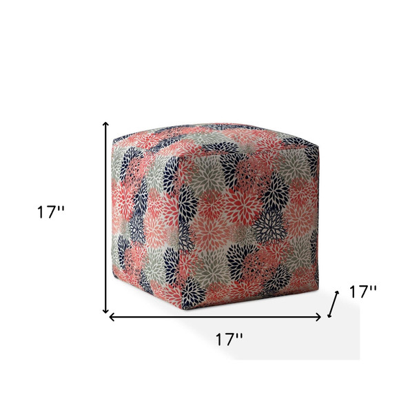17" Coral Polyester Floral Pouf Cover