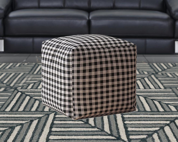 17" Black And Gray Cotton Gingham Pouf Cover