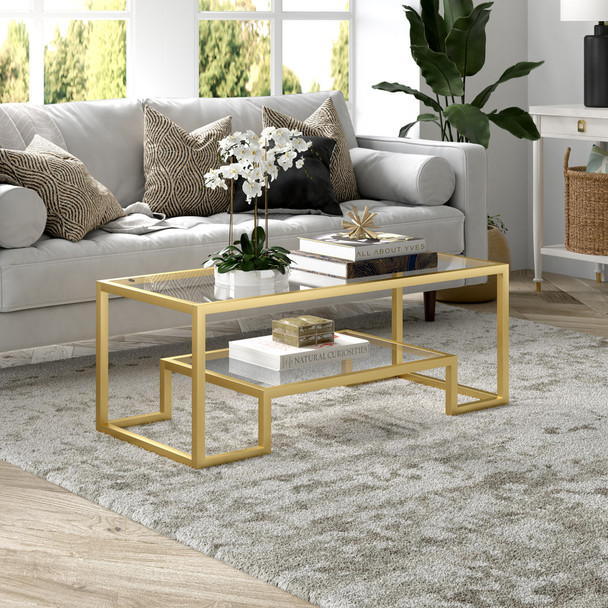 45" Gold Glass Rectangular Coffee Table With Shelf