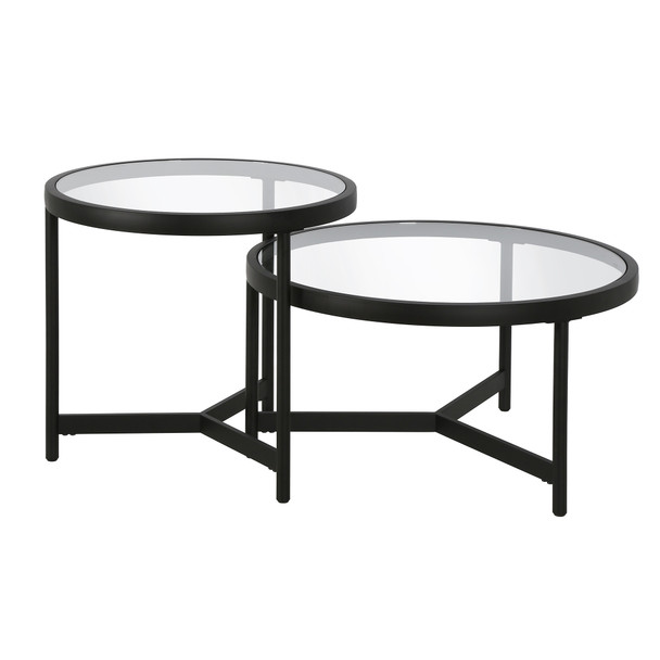 Set Of Two 30" Black Glass Round Nested Coffee Tables