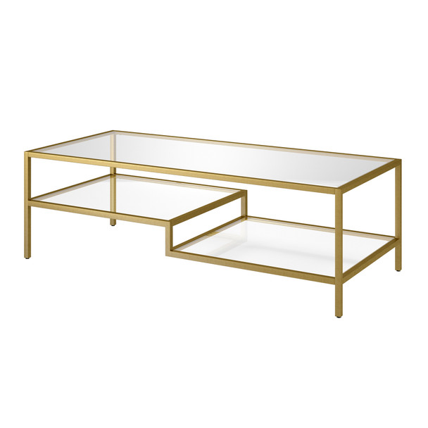 54" Gold and Glass Rectangular Coffee Table With Two Shelves