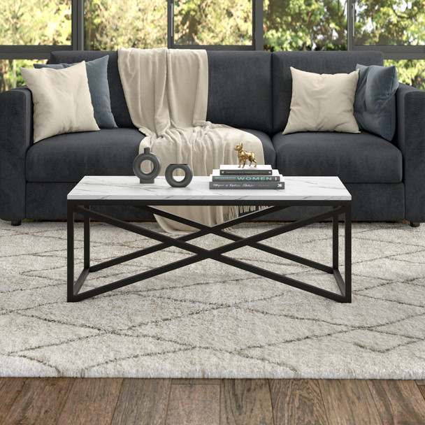 46" Black and White Faux Marble Rectangular Coffee Table