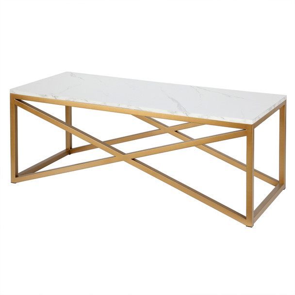 46" Gold and White Faux Marble Rectangular Coffee Table