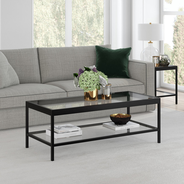 45" Black and Glass Rectangular Coffee Table With Shelf