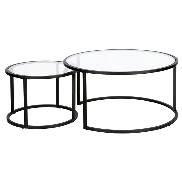 Set Of Two 35" Black Glass Round Nested Coffee Tables