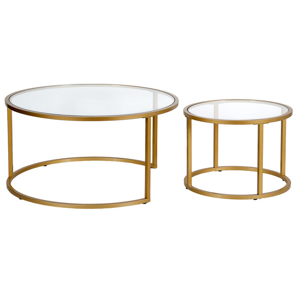 Set Of Two 35" Gold Glass Round Nested Coffee Tables