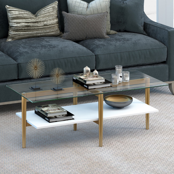47" Gold Glass and White Rectangular Coffee Table With Shelf