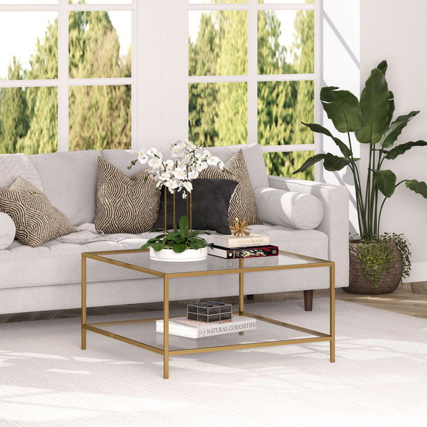 32" Gold and Glass Square Coffee Table With Shelf