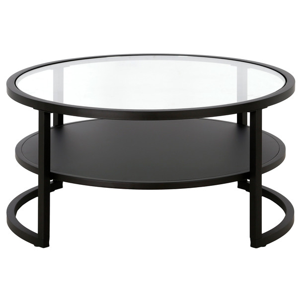34" Black and Glass Round Coffee Table With Shelf